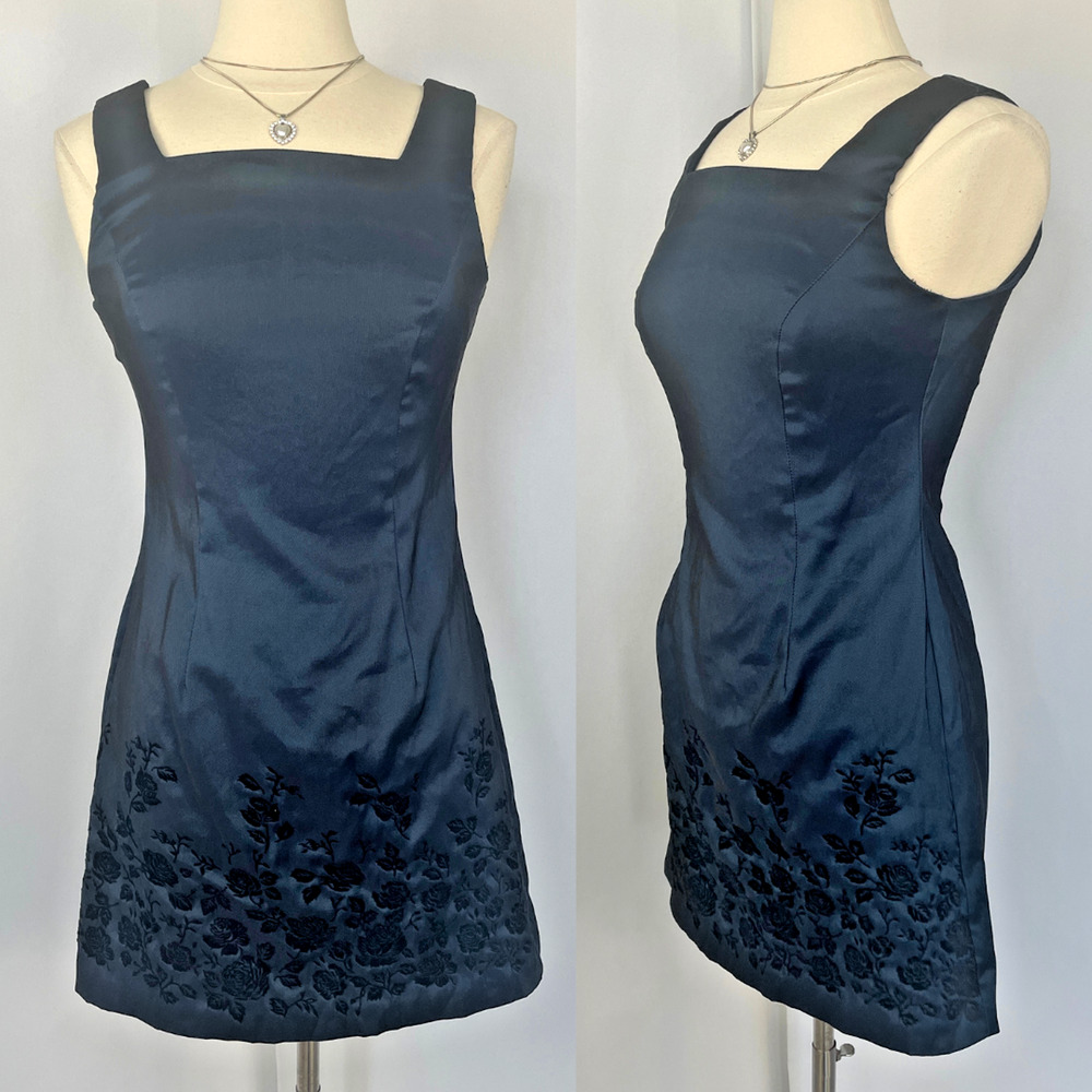 Vtg Party Dress Size 7 Navy Blue Black Floral Embroidered Fairy Whimsigoth Y2K